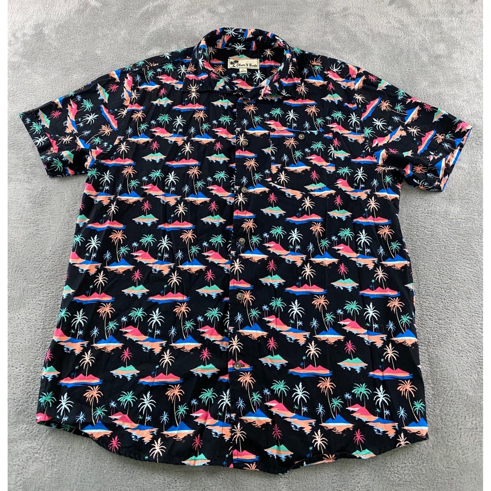 Oliver & Burke Mens Large Black Tropical Palm Tree Island Short Sleeve Shirt L